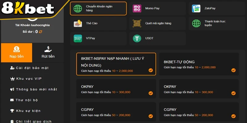 8KBET hỗ trợ các phương thức thanh toán Việt Nam tiện lợi